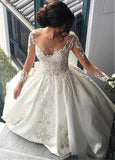 Sheer Neck Long Illusion Sleeve Satin Appliques Wedding Dresses N652