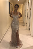 Champagne Gold Sparkly Sequins Mermaid Prom Dress, V Neck Sleeveless Long Formal Dresses N1620