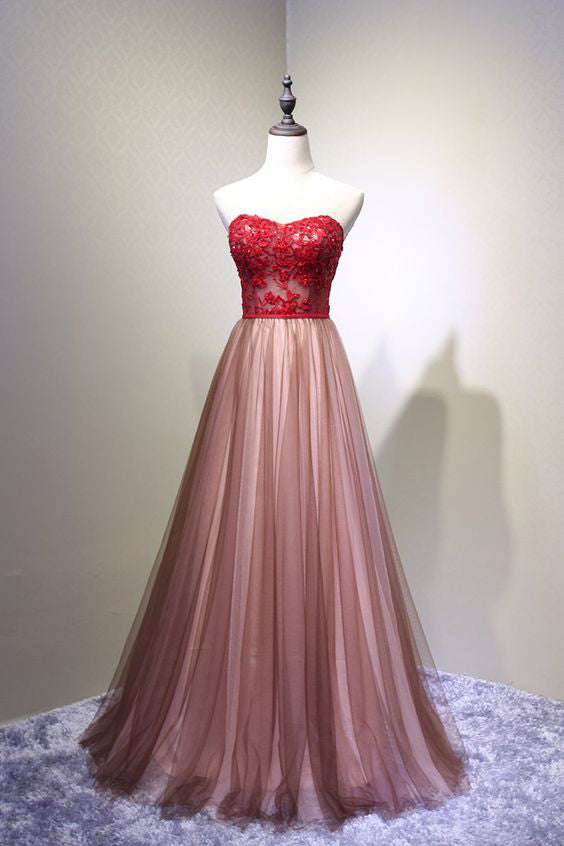 Cheap A Line Sweetheart Tulle Long Prom Dresses, Floor Length Graduation Dress with Lace N1749