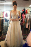 Sexy Deep V-Neck Sleeveless Lace Prom Dresses Floor Length A-Line Evening Dresses N1460