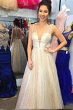 Sexy Deep V Neck Sleeveless Lace Prom Dress, Floor Length A Line Evening Dresses N1460