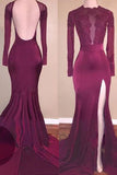 Mermaid Long Sleeves Applique Backless Prom Dresses, Long Split Evening Dresses N1475