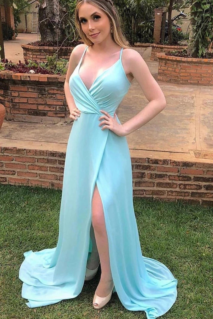 Sexy Spaghetti Strap Side Slit Long Evening Dresses, Flowy Long Prom Dresses N2065