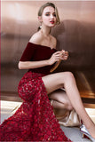 Burgundy Off Shoulder Half Sleeve Long Evening Dress with Side Slit, Mermaid Prom Dress