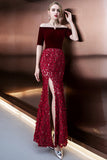 Burgundy Off Shoulder Half Sleeve Long Evening Dresses with Side Slit Mermaid Prom Dresses N1065