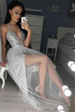 A Line V Neck Sequined Party Dress, Silver Spaghetti Straps Sleeveless Tulle Prom Dress N827