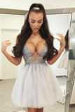 Sexy A-Line V-Neck Short Tulle Homecoming Dress with Beading, Cocktail Dresses N1505