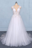 Sexy V Neck Tulle Wedding Dress with Lace Appliques, A Line Backless Bridal Dress N2287