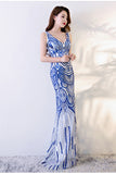 Royal Blue Mermaid Prom Dresses V Neck Long Evening Dresses with Sequins N1418