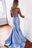 Two Piece Light Blue Mermaid Prom Dress, Simple Spaghetti Strap Satin ...