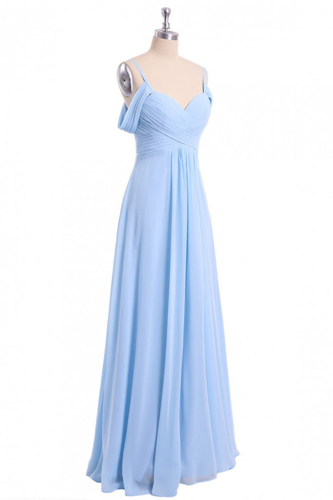 Light Sky Blue Off Shoulder Spaghetti Strap Chiffon Floor Length Bridesmaid Dress N2057