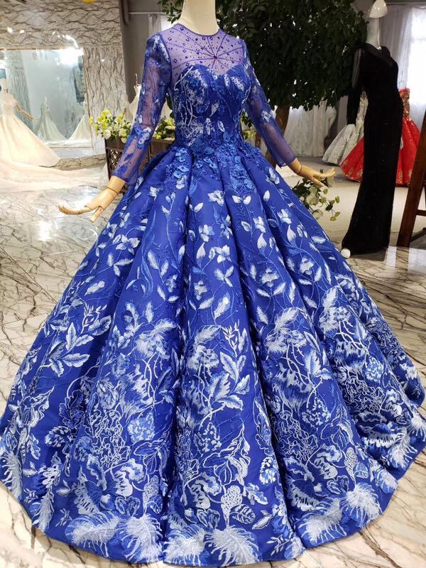 Blue Ball Gown Floral Prom Dresses with Long Sleeves Appliqued Long Quinceanera Dresses N1638