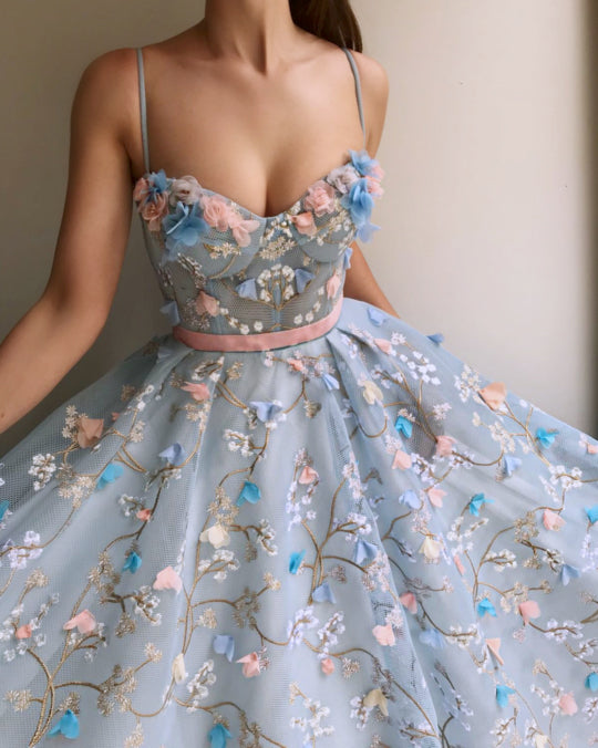 Spaghetti Strap Sweetheart Prom Dresses with Flowers Gorgeous Formal Dresses N1367