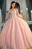 Off-the-Shoulder Long Sleeves Ball Quinceanera Dress With Flowers, Prom Dress N1222