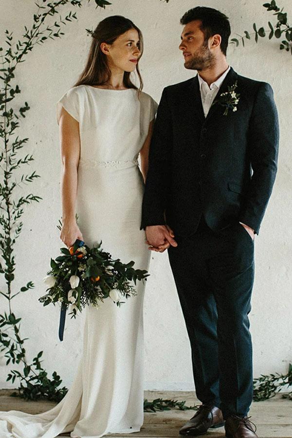 Sheath Cap Sleeves Long Wedding Dress, Simple Open Back Bridal Dresses N2492