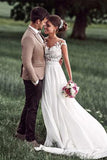 Romantic Off White Sheer Neck Cap Sleeve Chiffon Bridal Dress with Lace Applique,N653