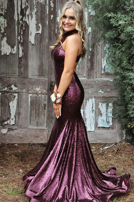 Glitter Sequin High Neck Mermaid Prom Dresses, Purple Evening Dress with Train N1503