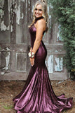 Glitter Sequin High Neck Mermaid Prom Dresses, Purple Evening Dress with Train N1503