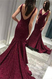 Shiny Deep V Neck Mermaid Evening Dress, Sequins Backless Sweep Train Prom Dresses N1304