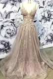 Spaghetti Straps V Neck Long Prom Dress with Lace Appliques, Glitter Long Formal Dress N2455