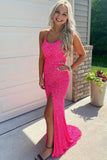Sparkly Mermaid Sequined Hot Pink Evening Gown Sleeveless Long Prom Dress with Slit