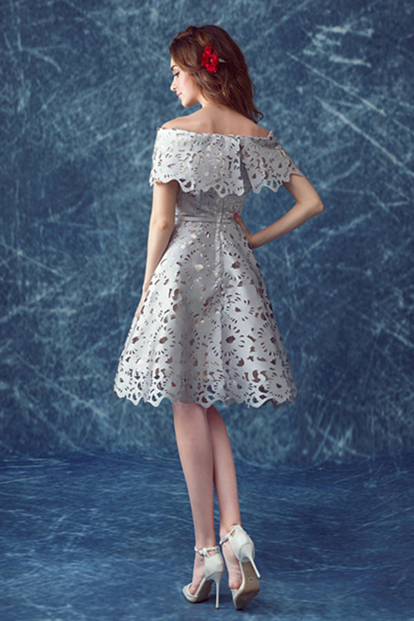 A Line Off the Shoulder Silver Gray Homecoming Dress, Short Off Shoulder Prom Gown