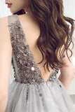 Gray Sparkly V-Neck Sleeveless Tulle Homecoming Dresses with Sequins A Line Short Prom Dresses N2015