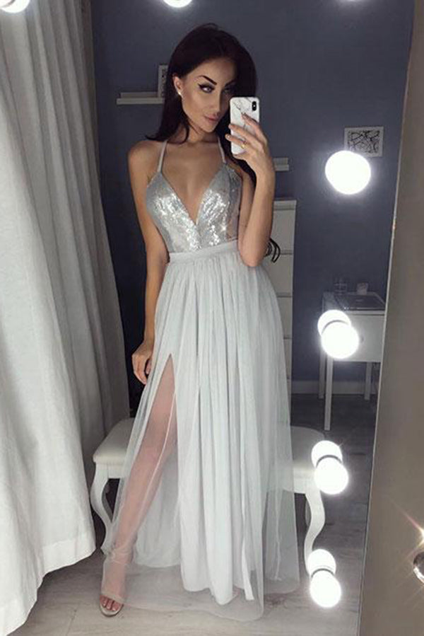 A Line V-Neck Sequined Silver Spaghetti Straps Sleeveless Tulle Prom Dresses