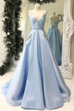 Light Blue V-Neck Floor Length Satin Prom Dresses with Pockets