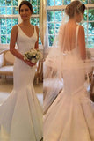 Newest Mermaid V-neck Sleeveless Simple Backless Wedding Dresses With Train N1258