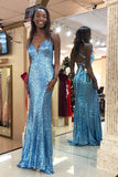 Sky Blue Sequin Sparkly Prom Dress, Spaghetti Strap V Neck Sheath Evening Dresses N1545
