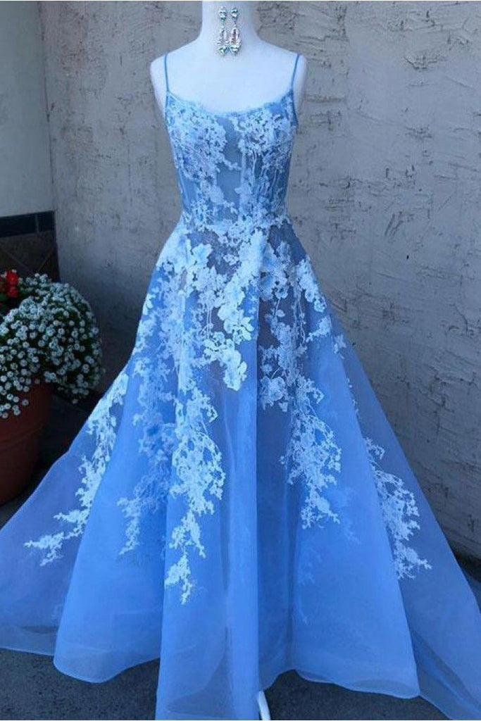 A Line Blue Spaghetti Straps Lace Appliqued Tulle Prom Dress