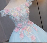 Sky Blue Tulle Princess Off Shoulder Long Prom Dresses Quinceanera Dressesses with Flowers N1831