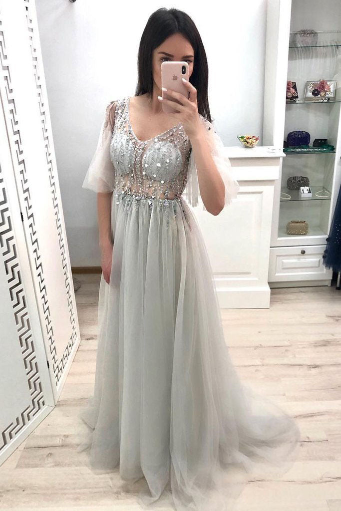 A Line V-Neck Tulle Prom Gown with Half Sleeves Long Party Dresses with Beading N1709