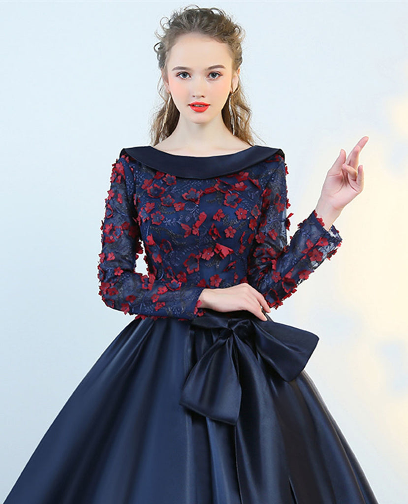 Puffy Flower Applique Floor Length Long Sleeve Satin Party Dresses With Bowknot N1223