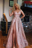 Spaghetti Strap V-Neck Rose Gold Sequins Prom Dresses Sexy Side Slit Prom Dresses
