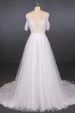Elegant Spaghetti Straps Lace Wedding Dresses A Line V-Neck Beach Wedding Dresses N2353