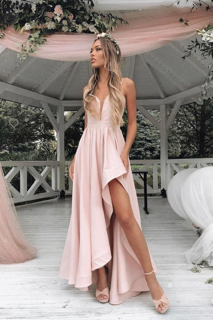 Simple Light Pink Asymmetrical Prom Dress, Sexy Spaghetti Strap Bridesmaid Dress N1292
