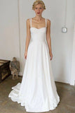 A Line Straps Sweep Train Sleeveless Stain Wedding Dresses Beach Wedding Gown N2486