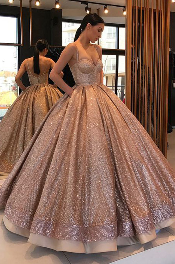 Shiny Spaghetti Strap Ball Gown Sweetheart Prom Dress, Floor Length Sequin Party Dress N1334