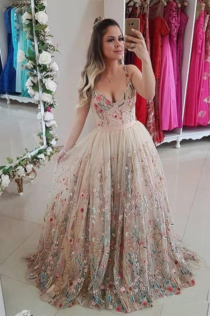 Cheap V Neck Straps Floral Prom Dresses, Sleeveless Long Formal Dresses N1497