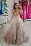 Cheap V Neck Straps Floral Prom Dresses, Sleeveless Long Formal Dresses N1497