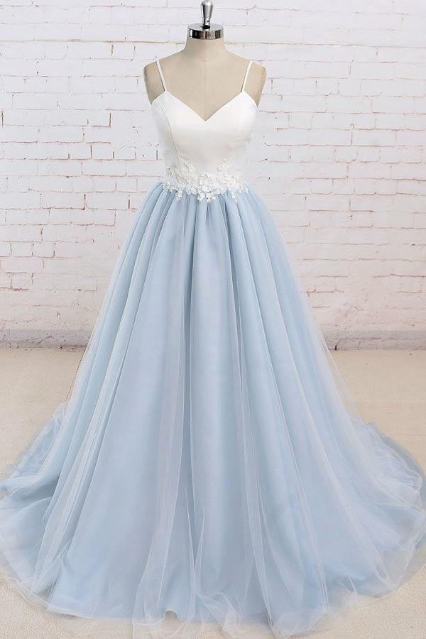 Spaghetti Strap Light Blue Prom Dress with Appliques, Floor Length Tulle Prom Gown N1427