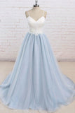 Spaghetti Strap Light Blue Prom Dress with Appliques, Floor Length Tulle Prom Gown N1427