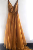 Spaghetti Strap V Neck Chiffon Prom Dresses with Belt, Cheap Long Evening Dress N1414