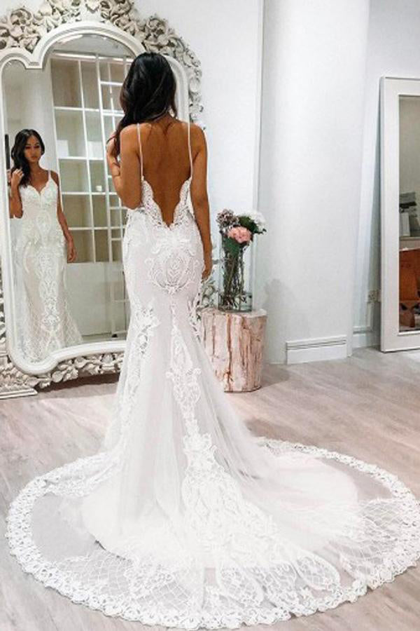 Spaghetti Strap Backless Lace Wedding Dress, Mermaid Lace Long Bridal Dresses