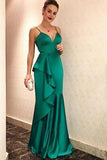 Spaghetti Strap Hunter Prom Dress with Ruffles, Elegant V Neck Evening Dresses N1446
