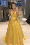 Spaghetti Straps A Line Prom Dresses with Pockets Sexy Long Formal Dresses with Beads N2042