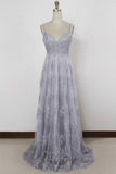Spaghetti Straps Long Lace Prom Gown, A Line V Neck Sleeveless Formal Dresses N1701