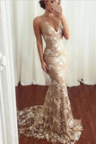 Spaghetti Straps Lace Mermaid Cheap Long Evening Prom Dresses with Sweep Train N2597